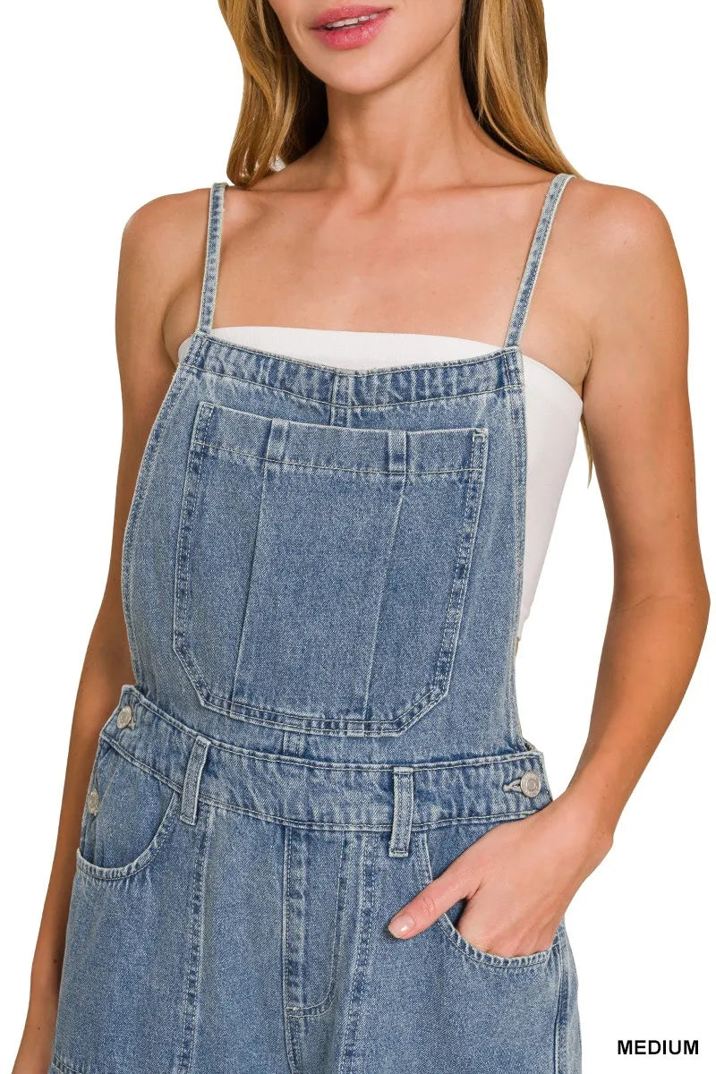 Zenana Denim Medium Washed Wide Leg Overalls - Fashorio