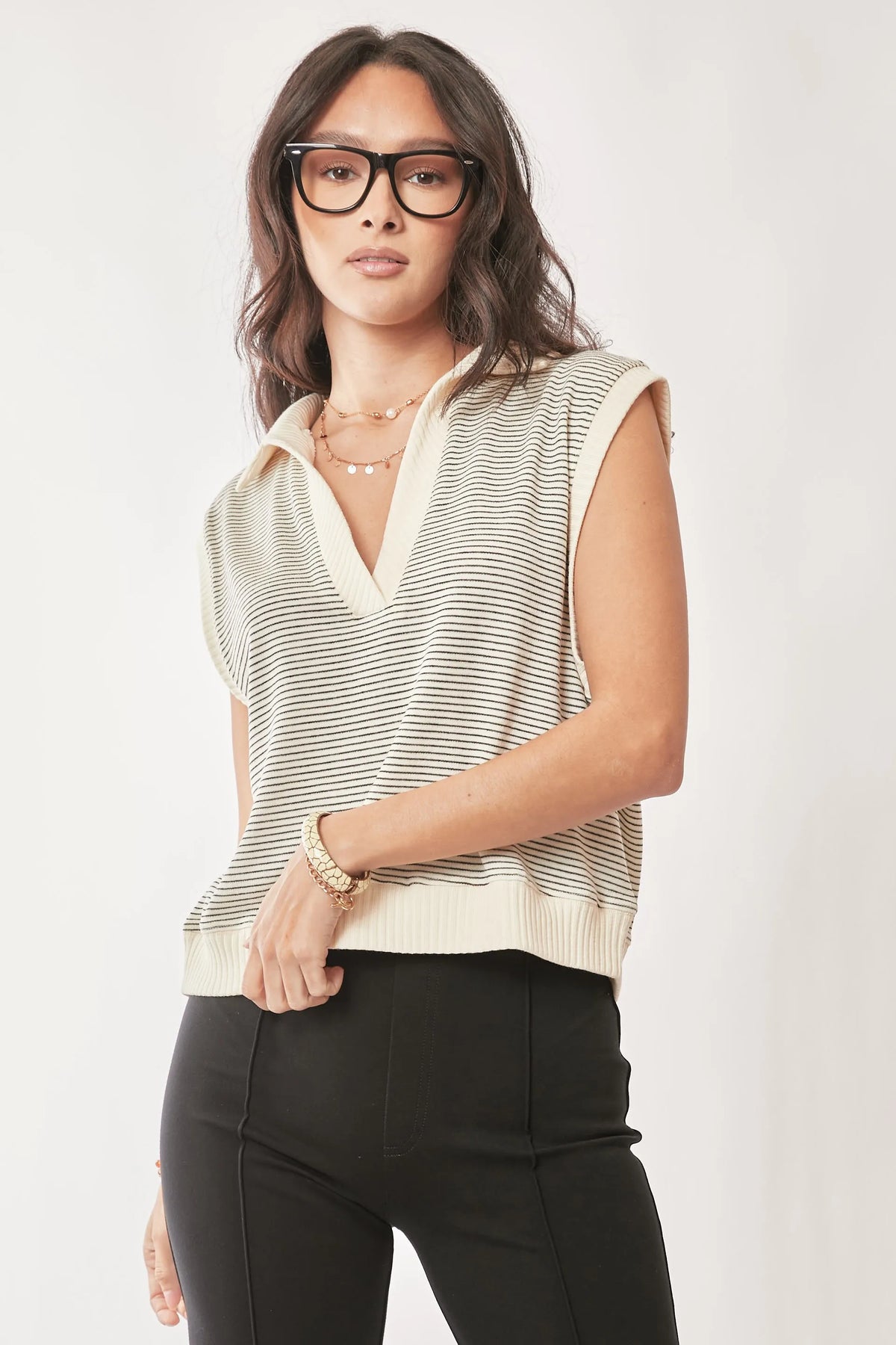 French Terry Striped Boxy Sweater Vest in Cream and Black styled look