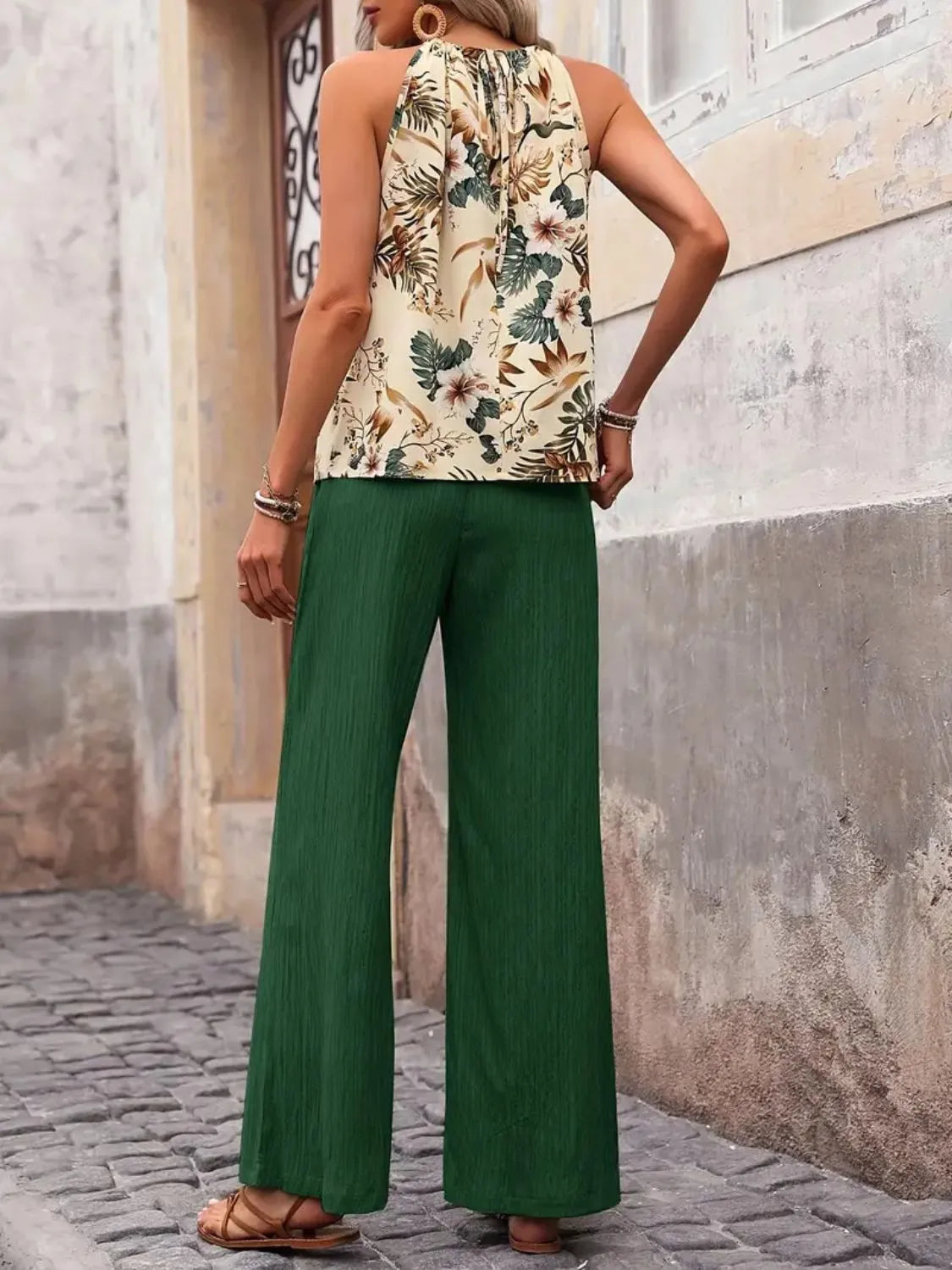 Printed Tank Top and Wide Leg Pants Set - Fashorio