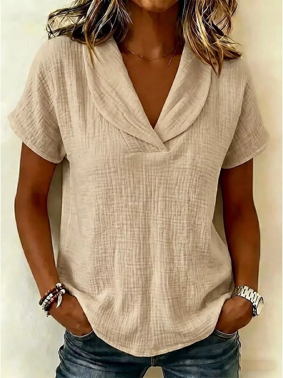 Womens textured blouse side view showing fit