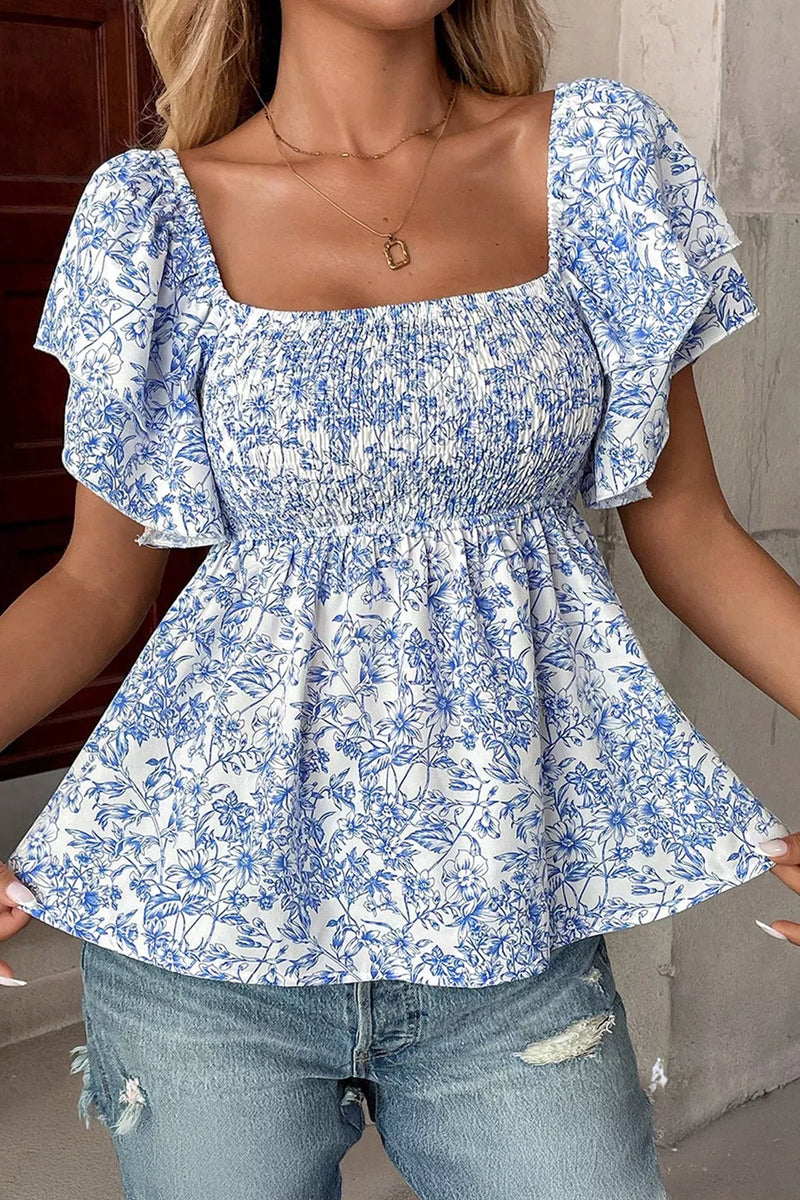 Light blue floral square neck babydoll blouse front view