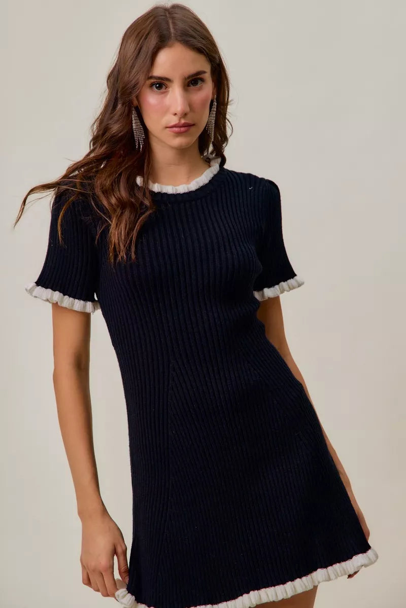 Ruffled Contrast Sweater Knit Mini Dress in Black and White close up