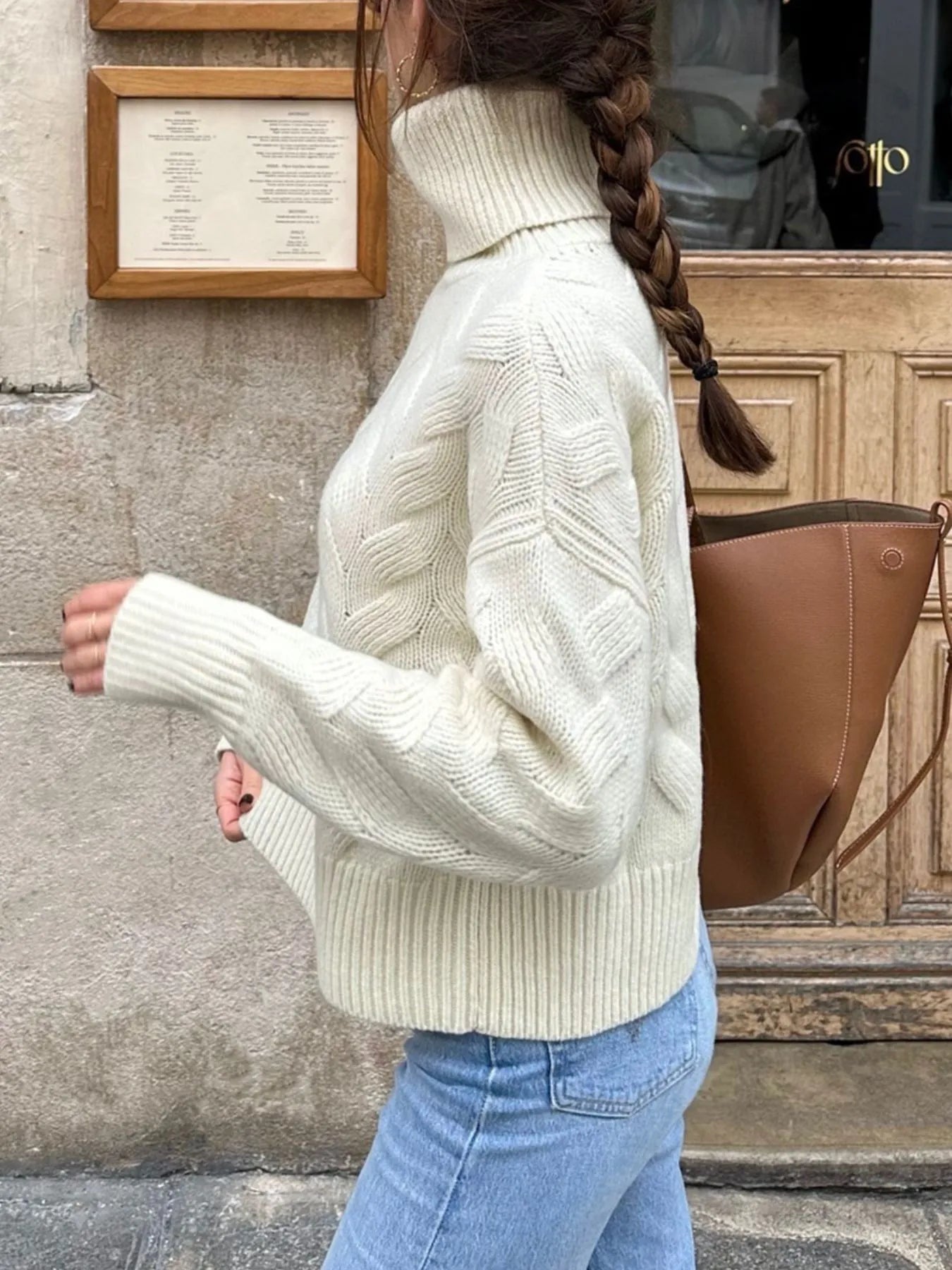 Ribbed Hem Turtleneck Long Sleeve Sweater - Fashorio