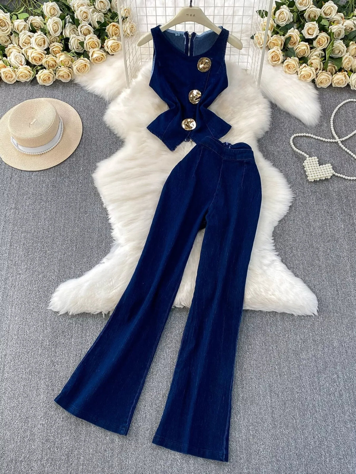 Denim button vest and flare jeans set front