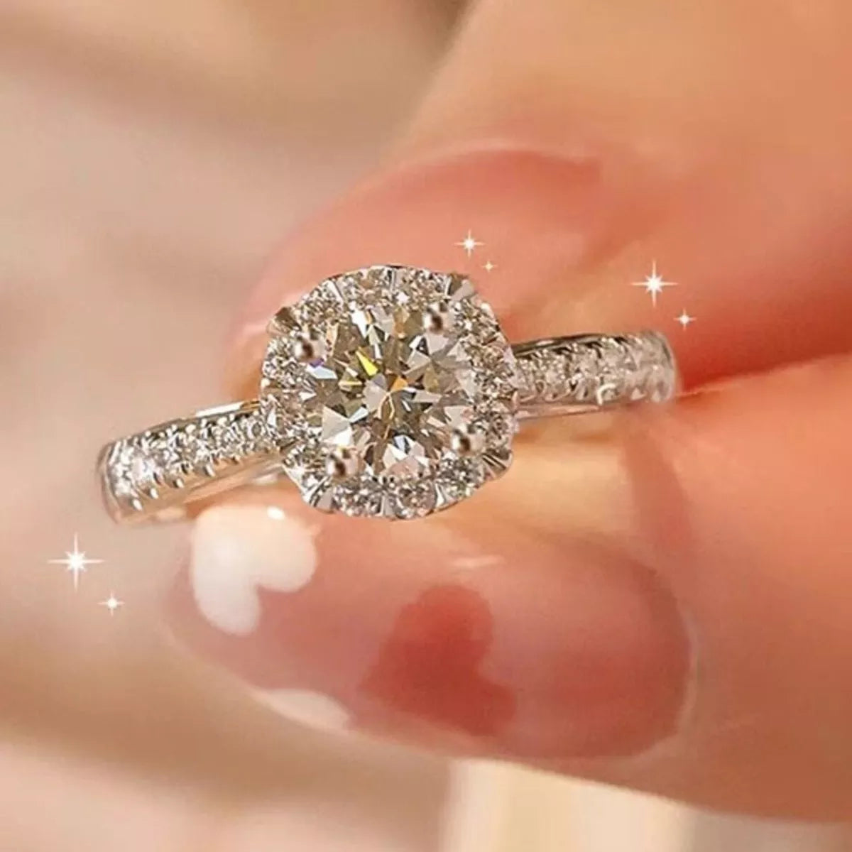 Moissanite ring in sterling silver shown from the front