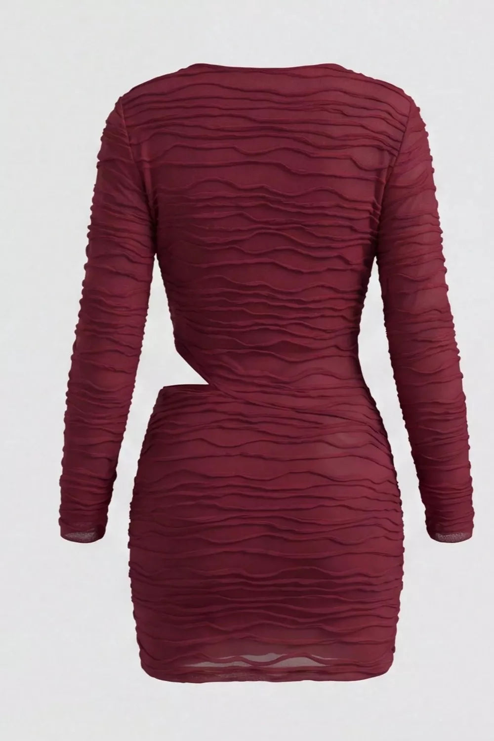 burgundy ruched cutout cowl neck long sleeve mini dress styled look