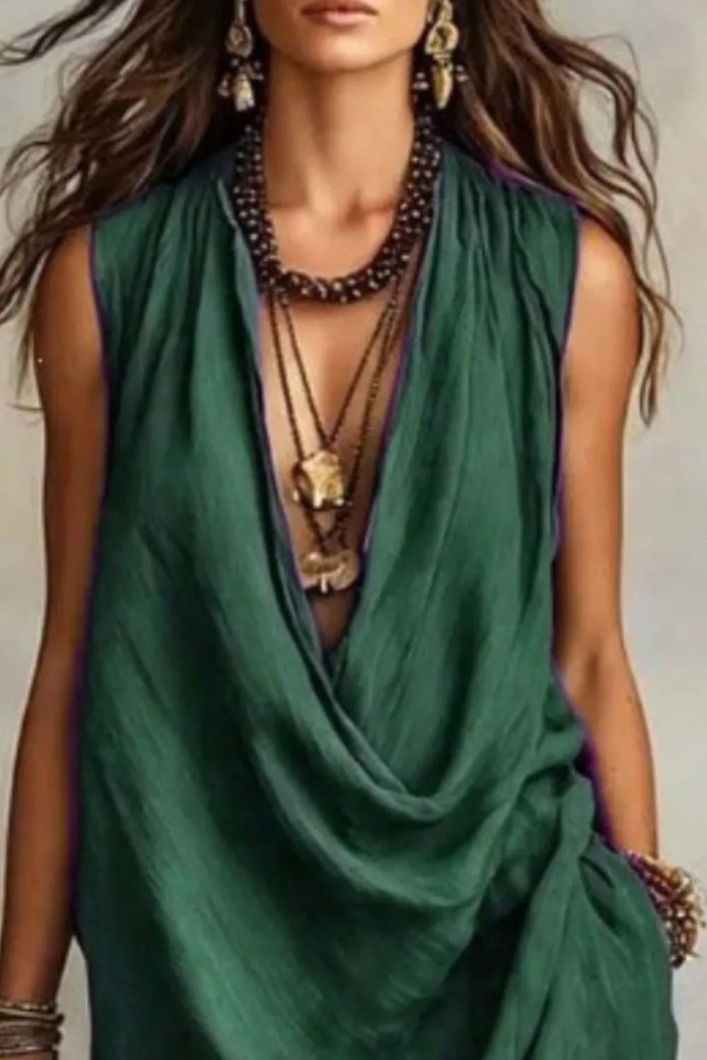 Sleeveless drape cowl neck midi dress front view