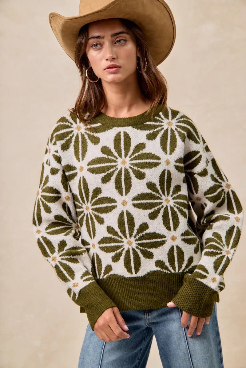 BiBi Flower Pattern Long Sleeve Sweater - Fashorio