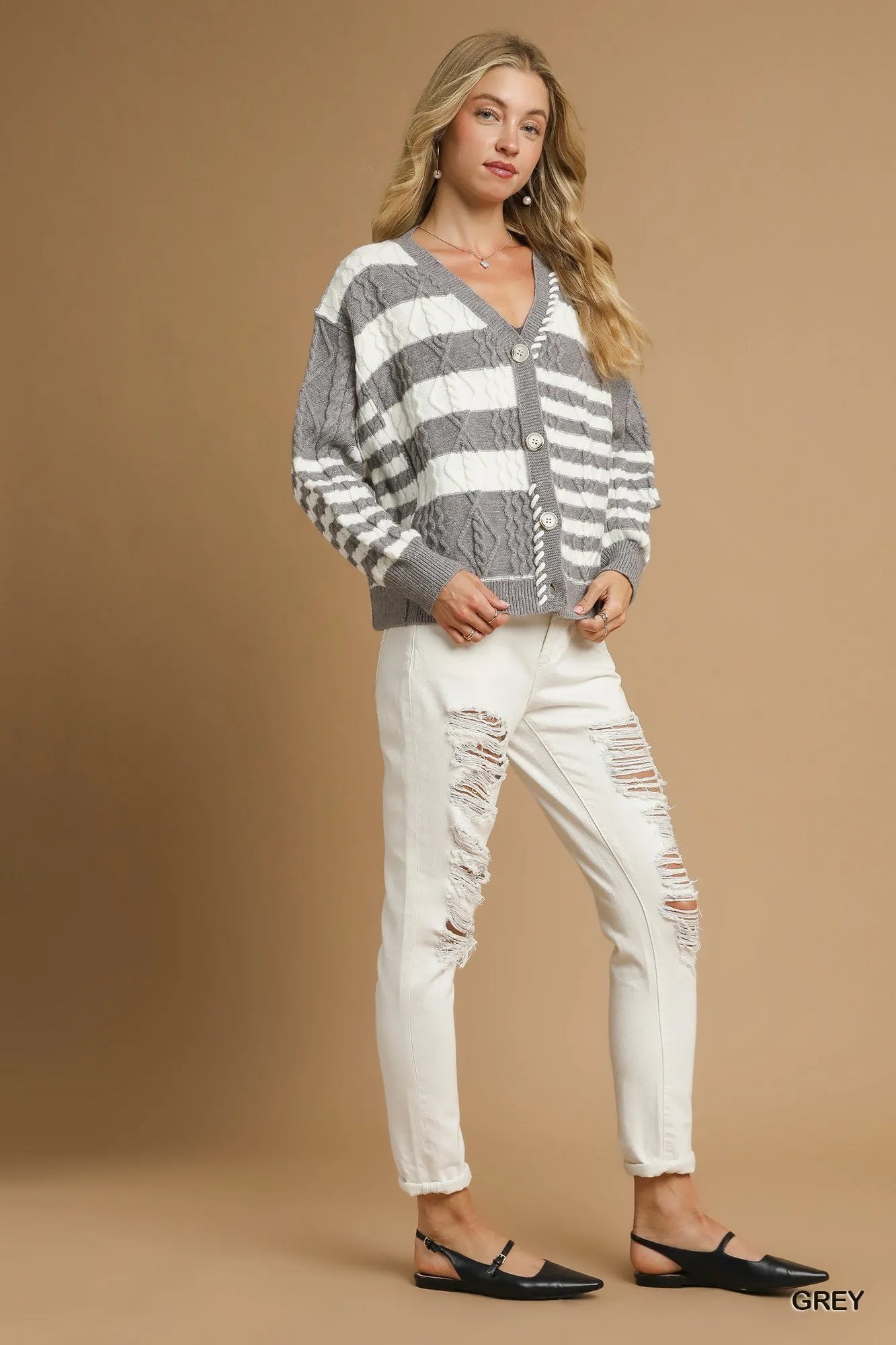 Umgee Cable-Knit Stripe Button-Up Cardigan - Fashorio