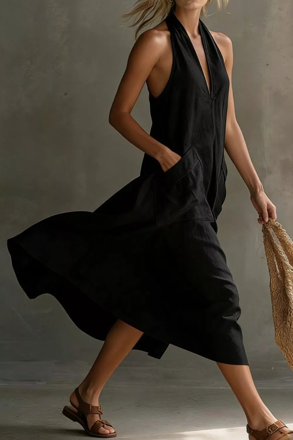 Halter neck pocket midi dress, side view