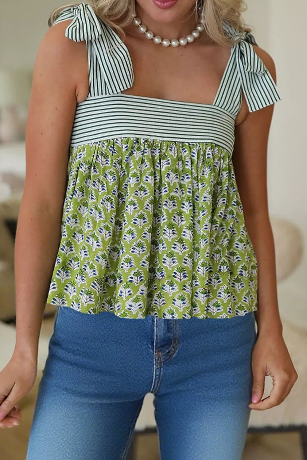 Matcha green floral print tie strap tank back view