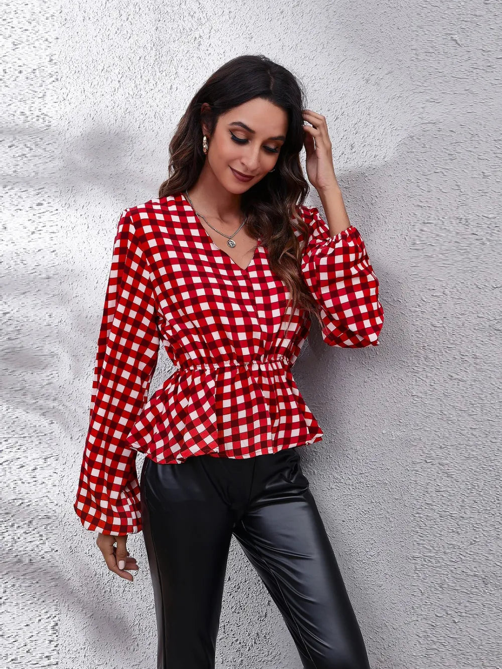 Plaid V-Neck Balloon Sleeve Peplum Blouse - Fashorio