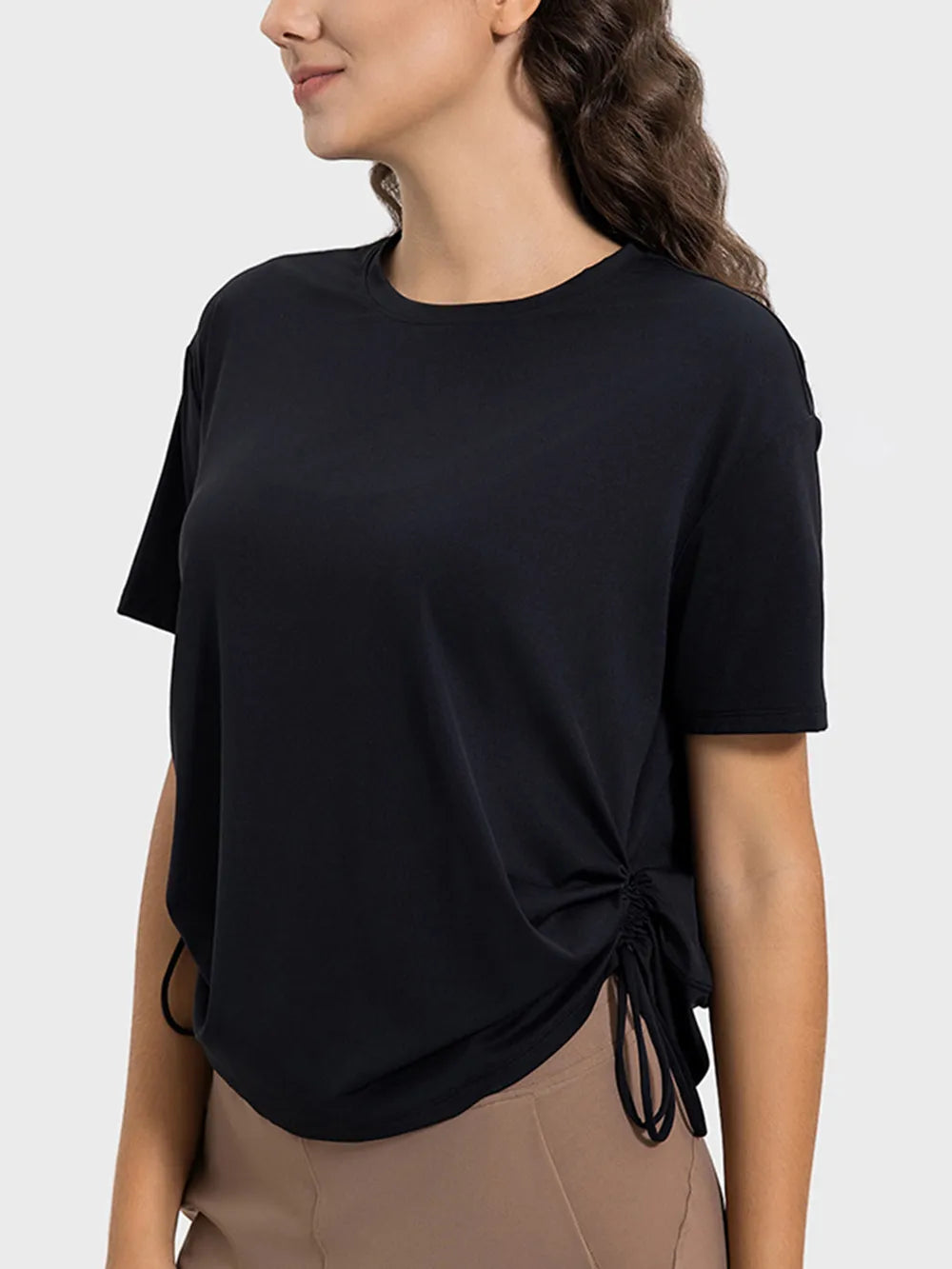 drawstring round neck active tee styled on model