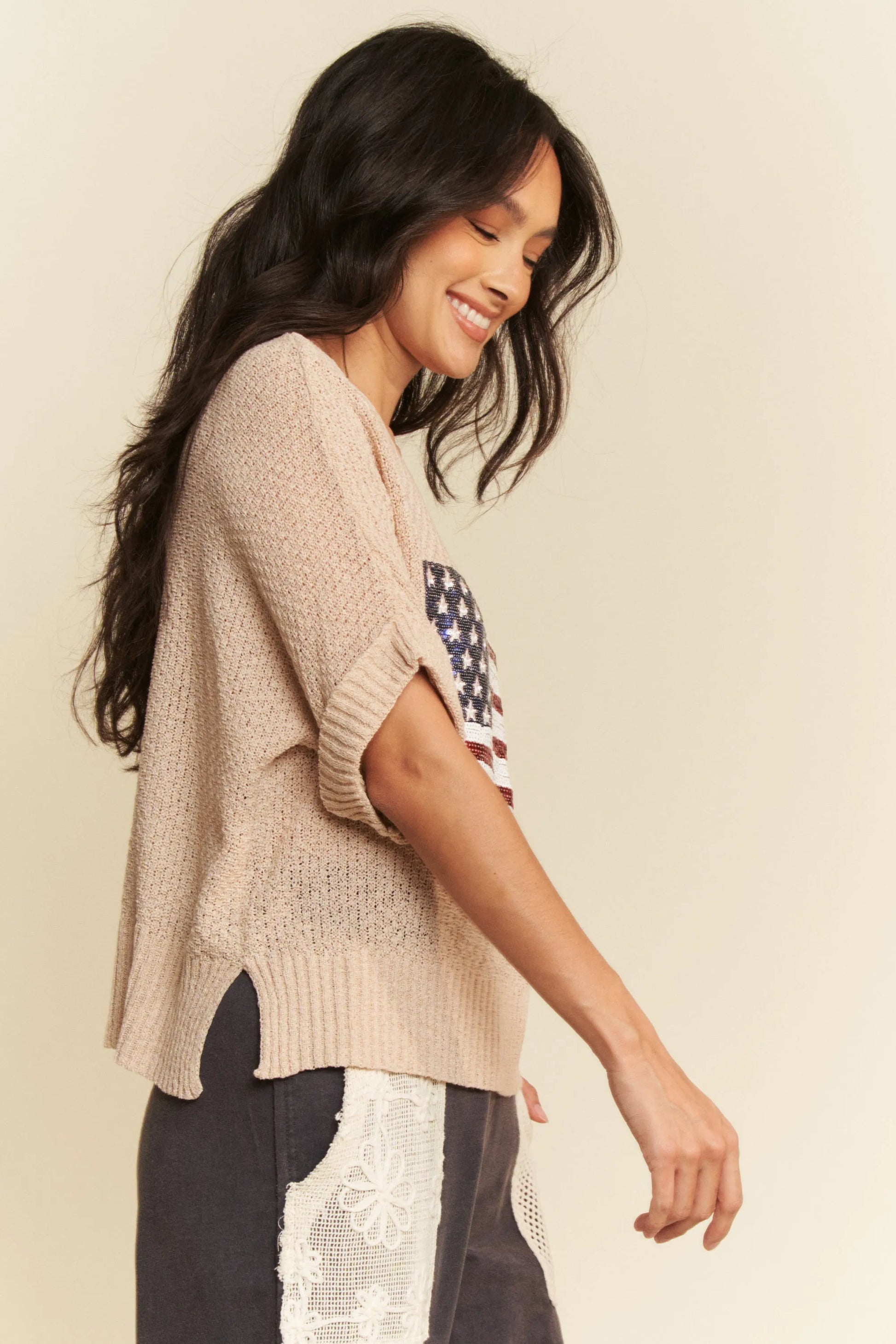 Davi & Dani Sequin American Flag Patch Short Sleeve Knit Top - Fashorio