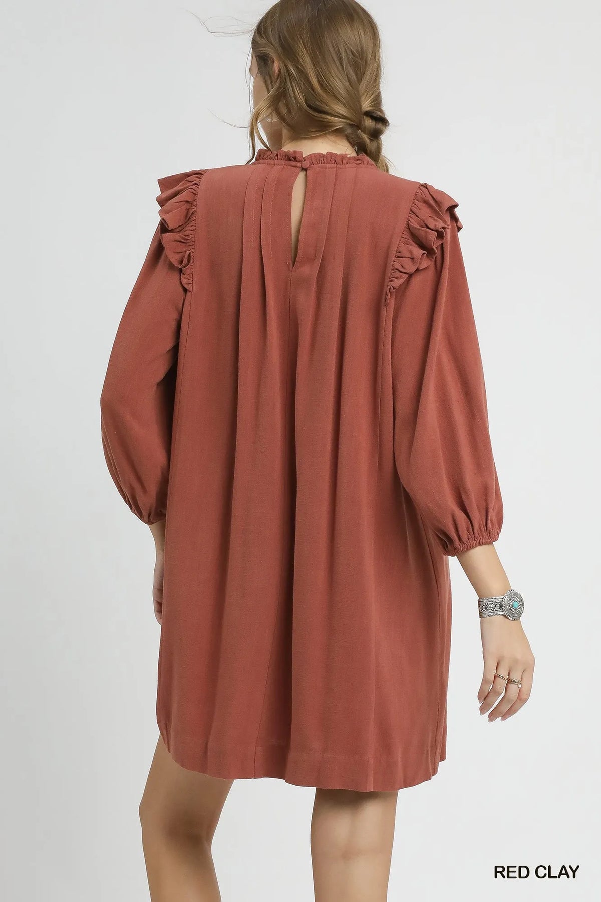 Linen Ruffle Shoulder Babydoll Dress in Red Clay back view