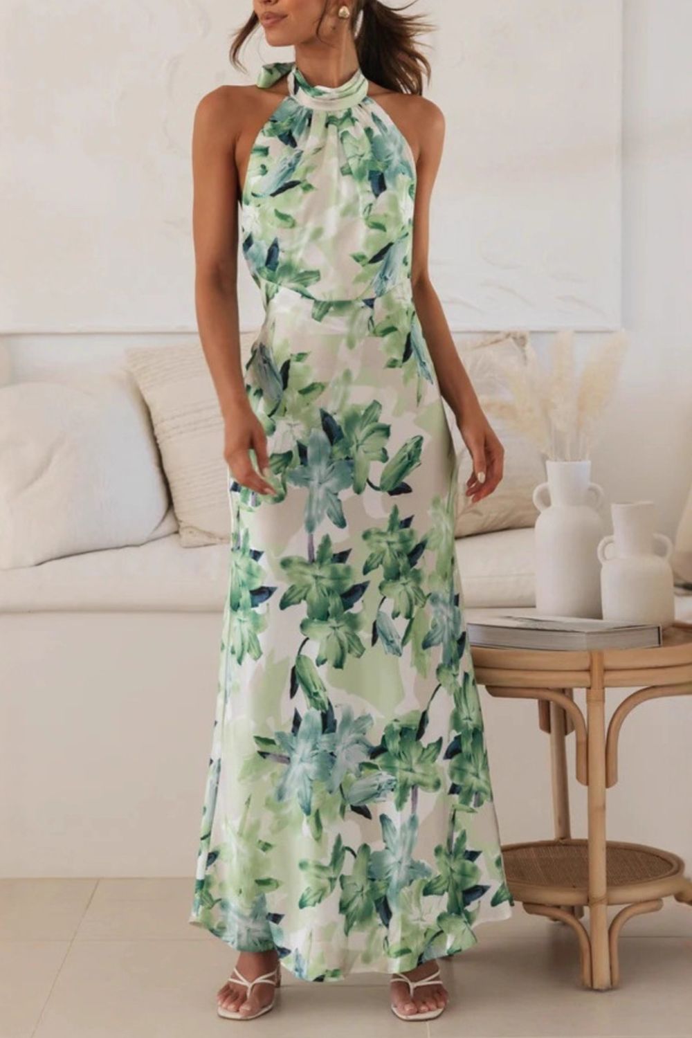 floral halter neck maxi dress with leg slit side view