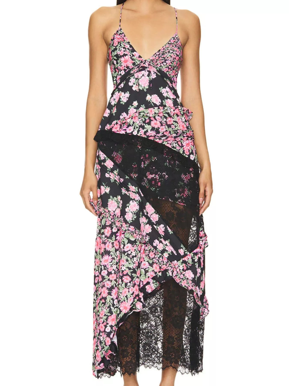 Lace detail ruffled floral v neck maxi dress, waist and fit detail