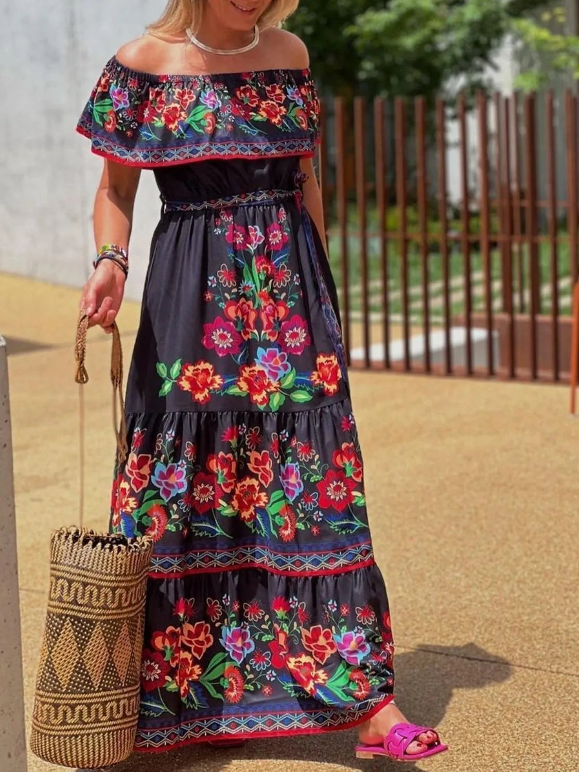 Floral off shoulder ruffle maxi dress close up view