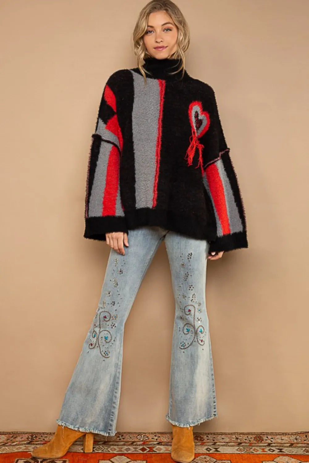 POL Turtleneck Color Block Fringe Detail Sweater - Fashorio