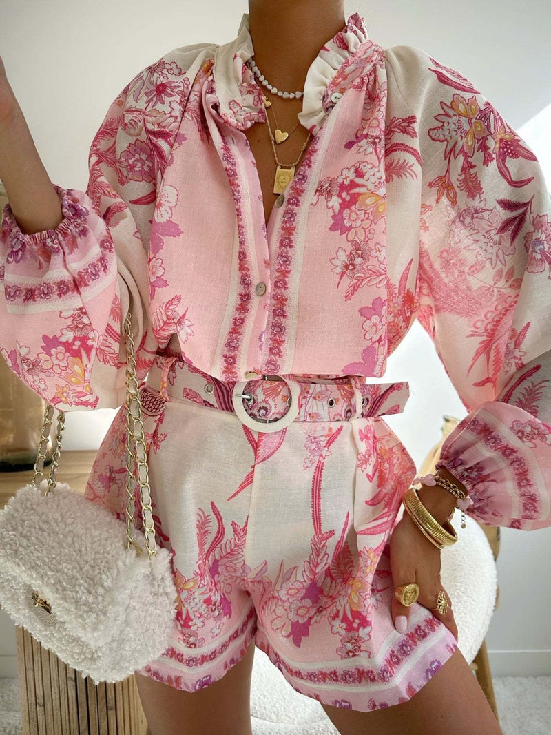 Floral button up shirt and shorts two piece set front view