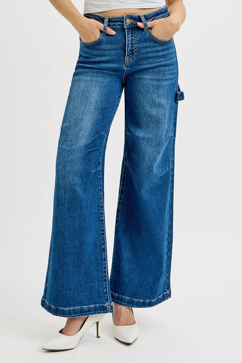 Dark wash high rise wide leg denim side profile