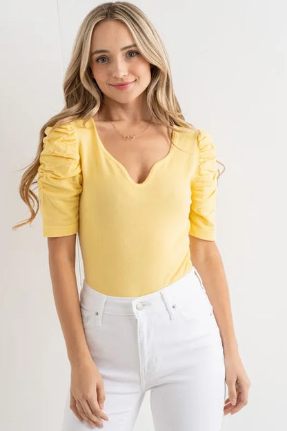 And The Why Shirring Puff Sleeve Bodysuit - Fashorio