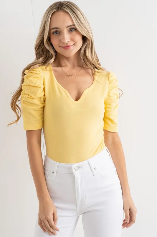 And The Why Shirring Puff Sleeve Bodysuit - Fashorio