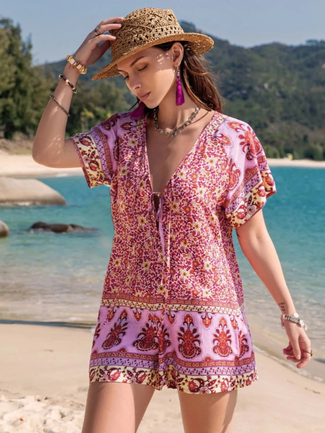 Printed short romper full length styling view
