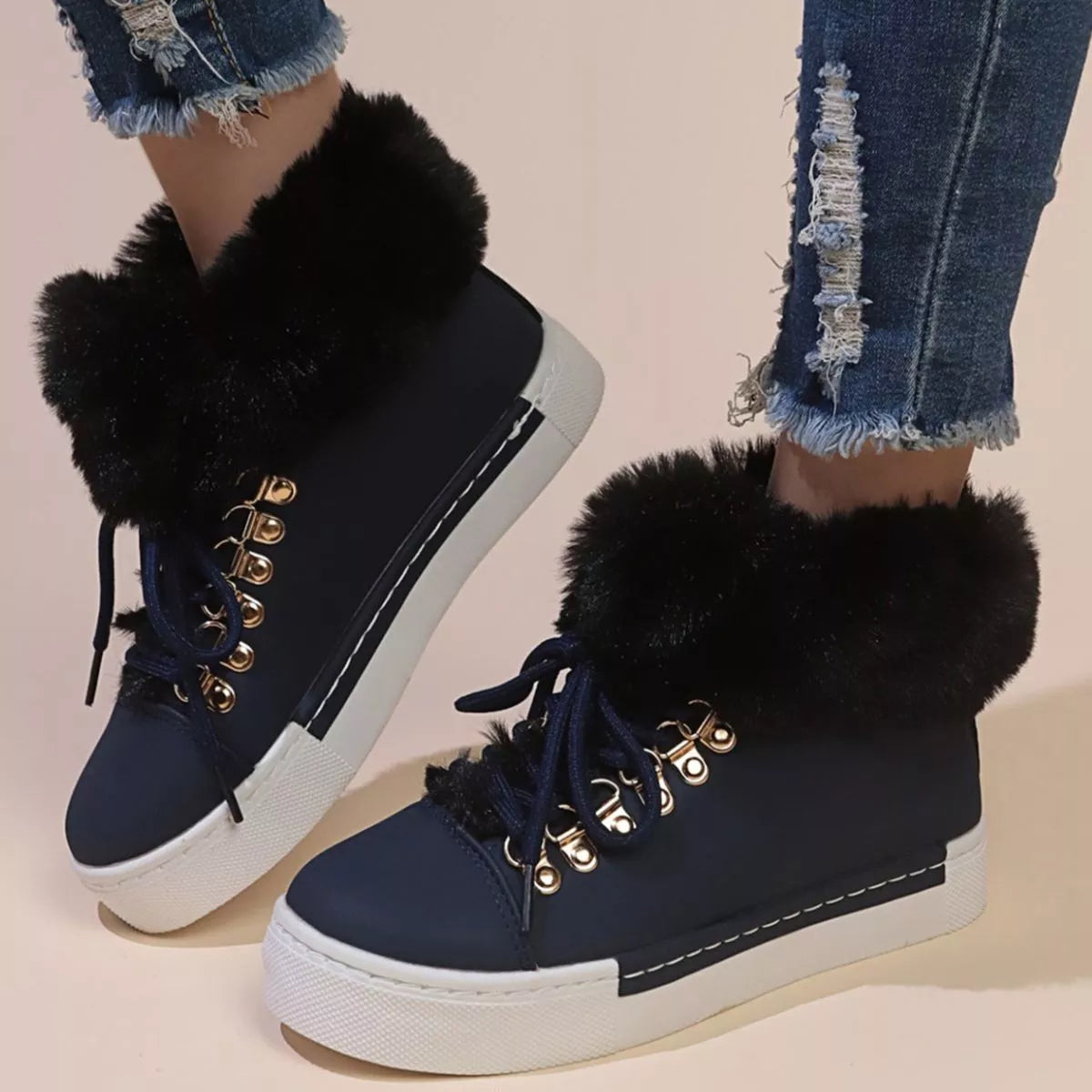 Fuzzy Trim Lace Up Ankle Boots paired with denim