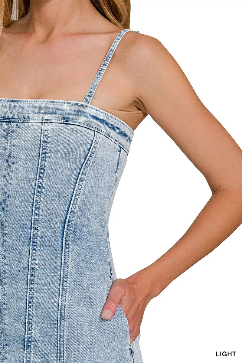 Spaghetti Strap Exposed Seam Dress in Light Wash view 8