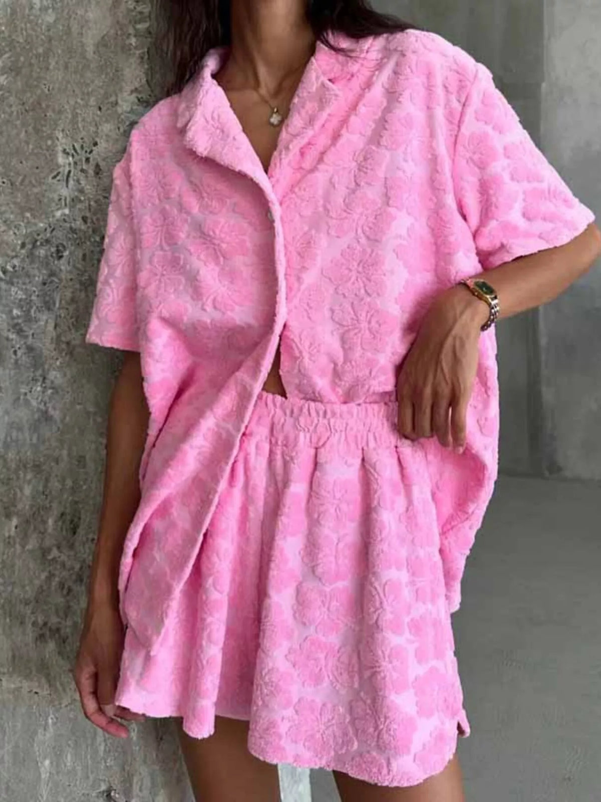 Floral button up shirt and shorts set front view