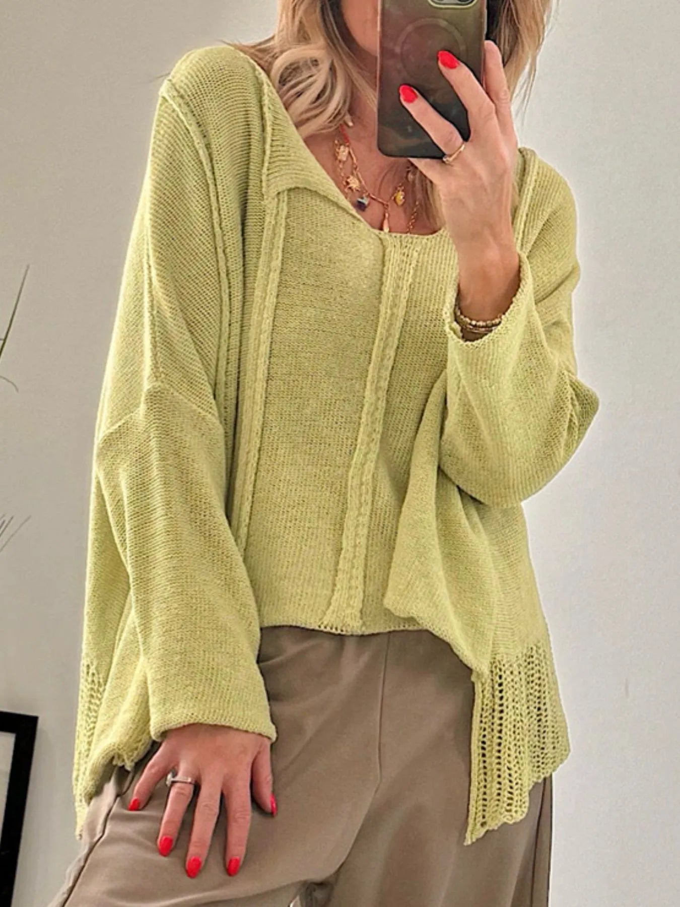 High-Low Drop Shoulder Sweater Chartreuse - Fashorio