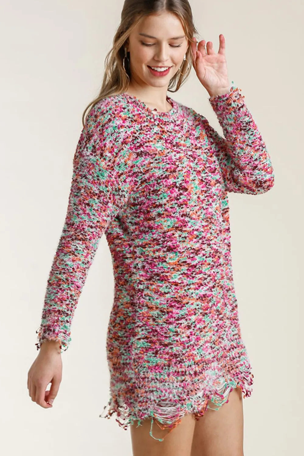Distressed Hem Multicolored Round Neck Knit Tunic Dress side view