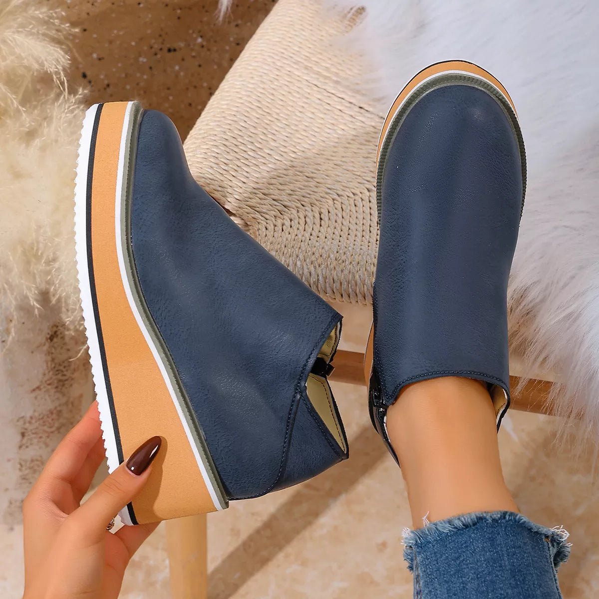 wedge ankle boots with zipper laces detail