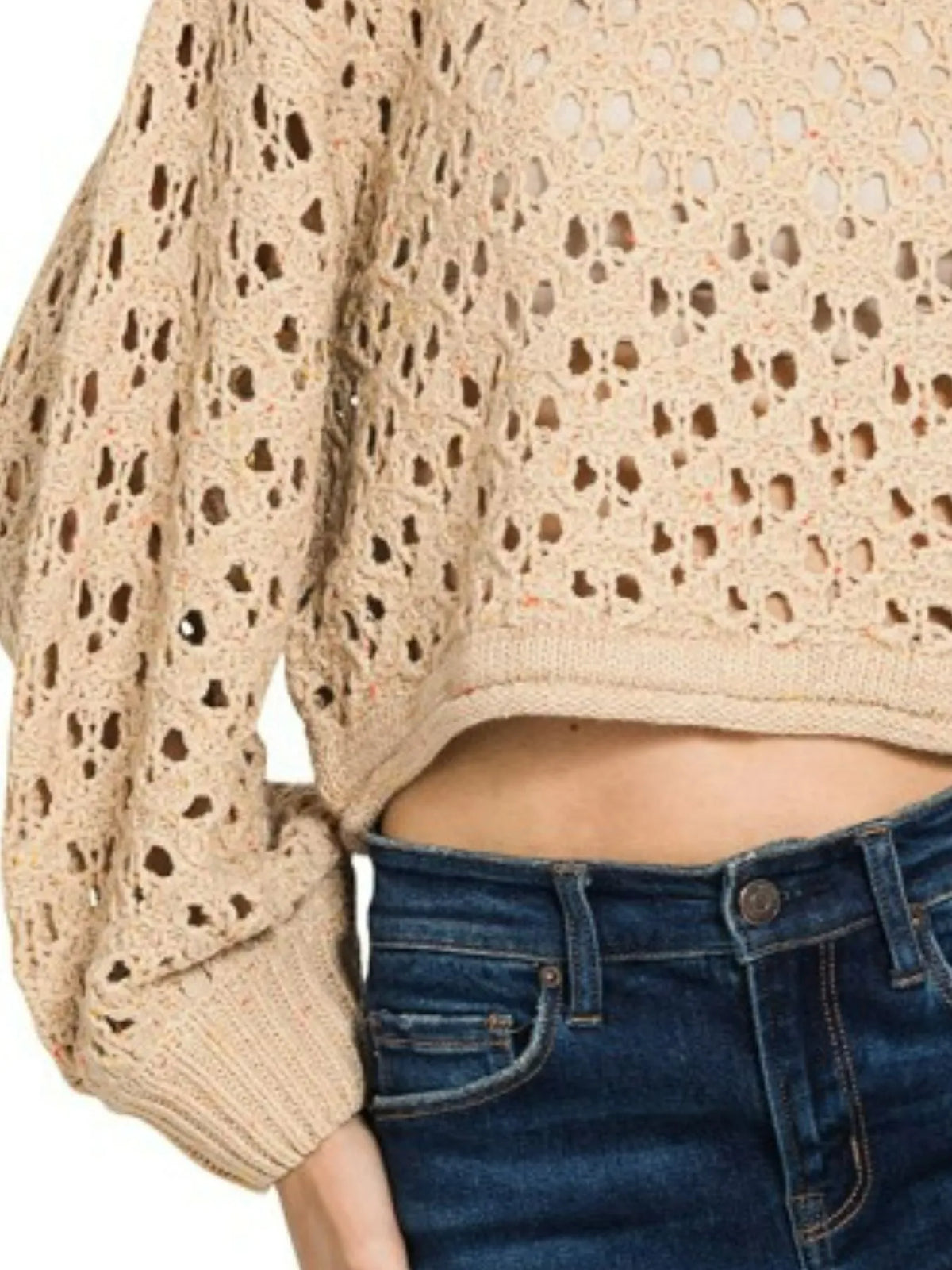 Oversized Cropped Crochet Knit Sweater in Mocha side view