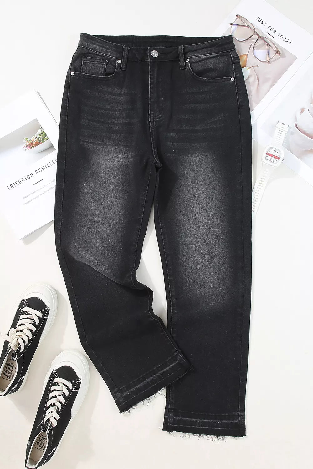 High Waisted Distressed Hem Straight Leg Jeans, view 10