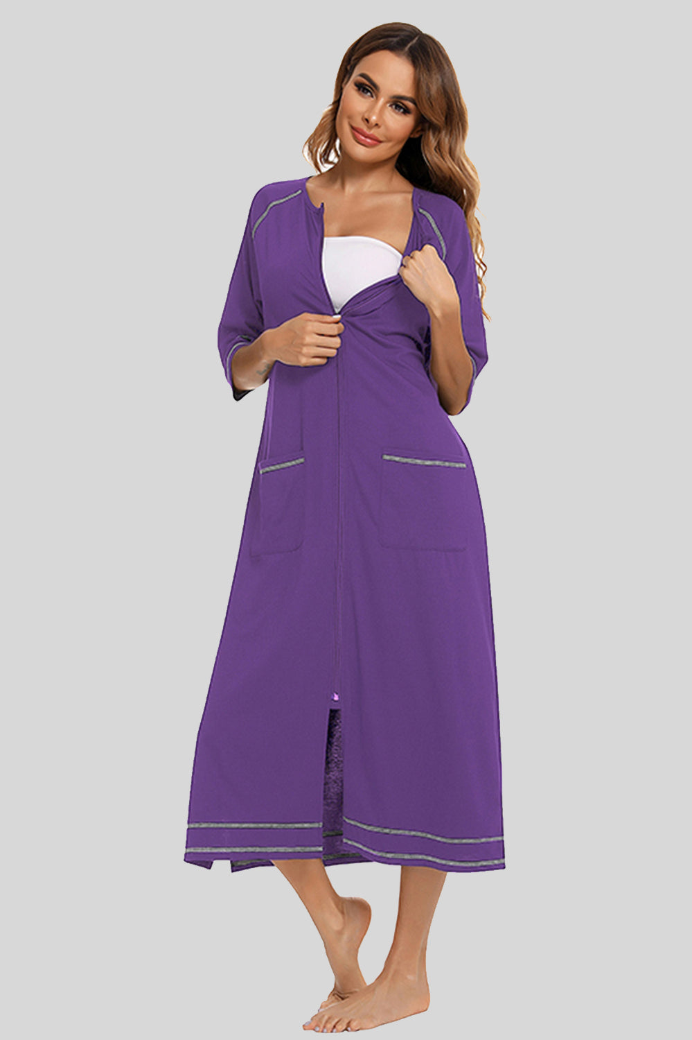 Zip Up Slit Round Neck Night Dress with Pockets Violet - Fashorio