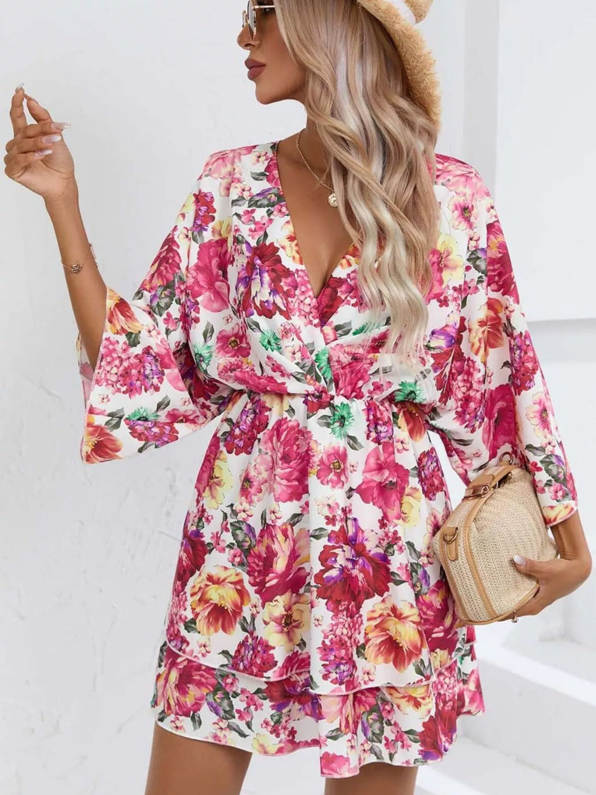 Floral print tiered ruffle hem mini dress front view