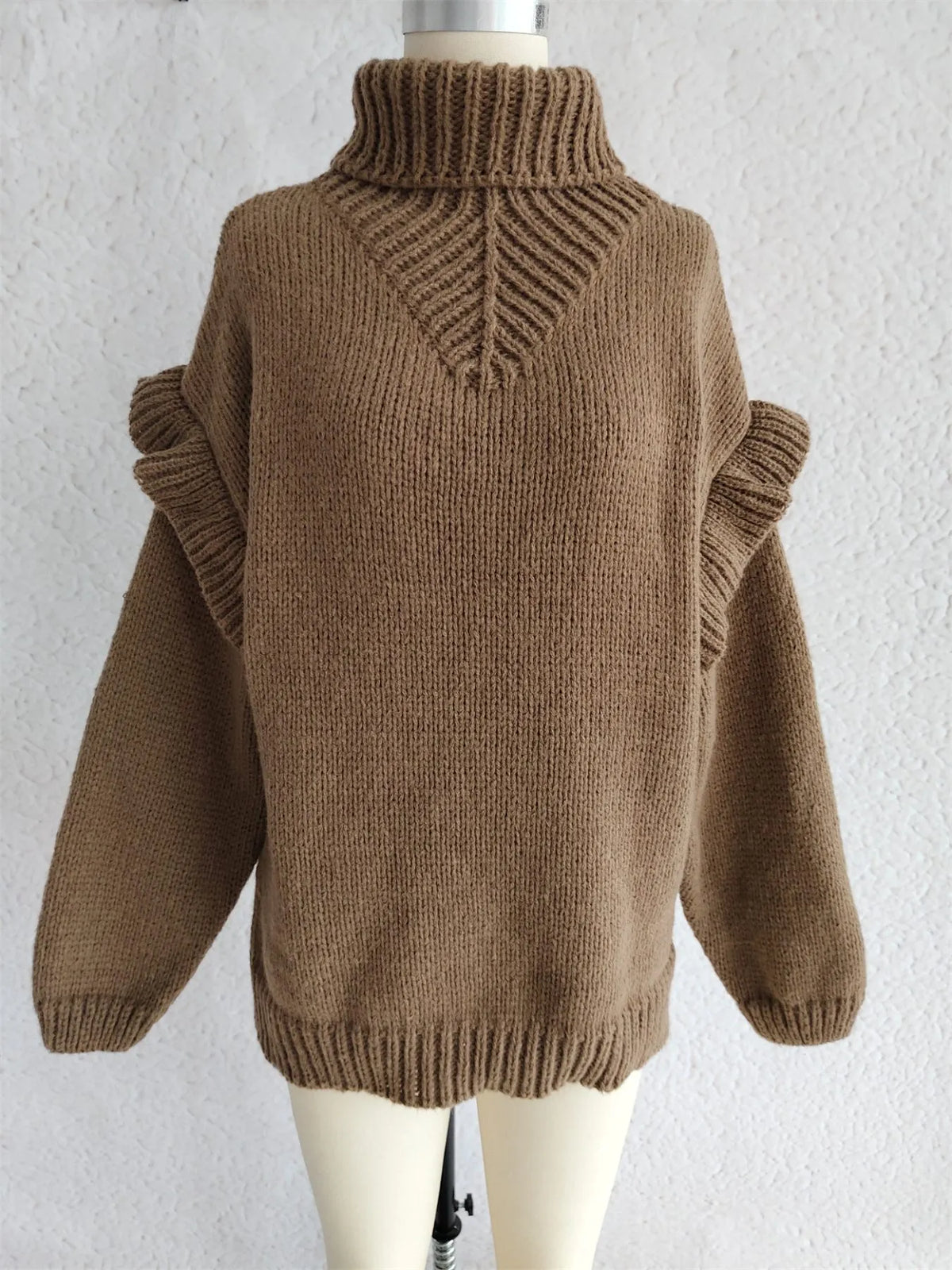 Ruffled turtleneck long sleeve sweater styled look