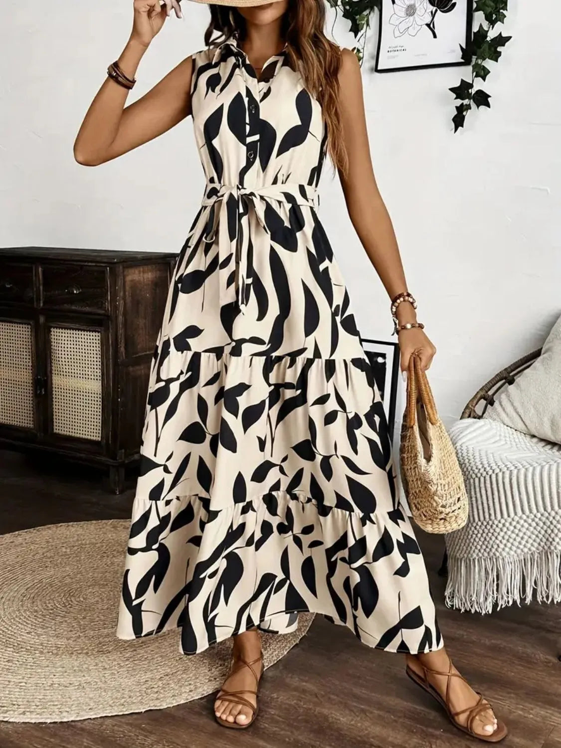 Printed tie waist sleeveless maxi dress with buttons back view