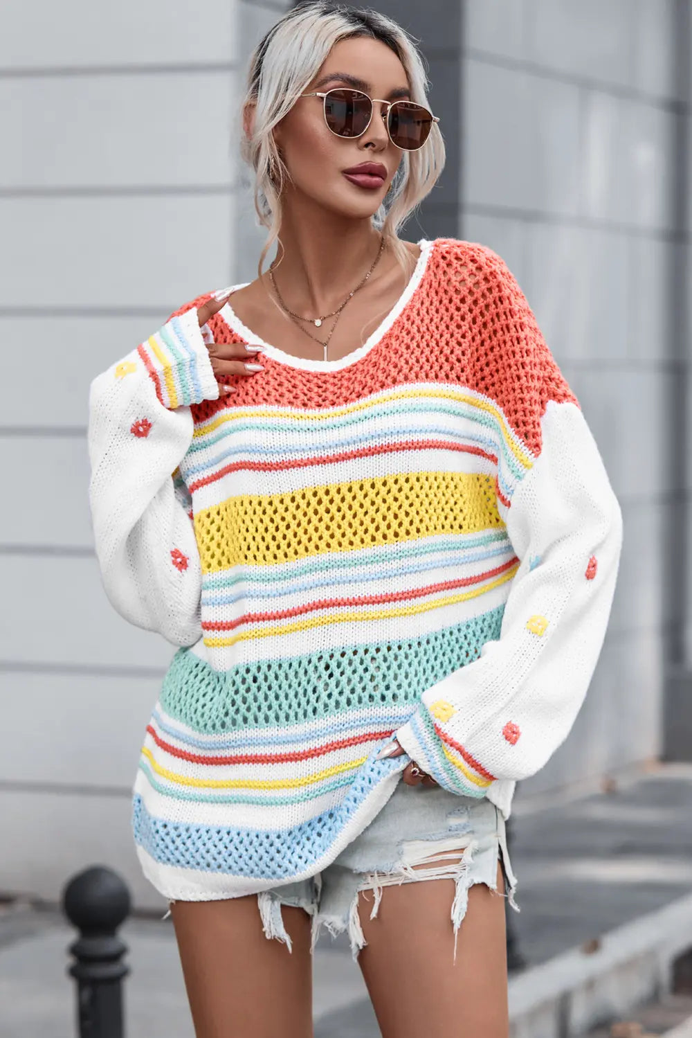 Openwork Striped Round Neck Long Sleeve Sweater - Fashorio