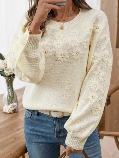Flower Round Neck Long Sleeve Sweater - Fashorio