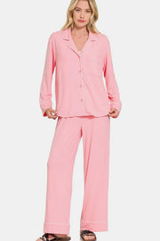 Zenana Button Down Long Sleeve Top and Pants Lounge Set Pink - Fashorio