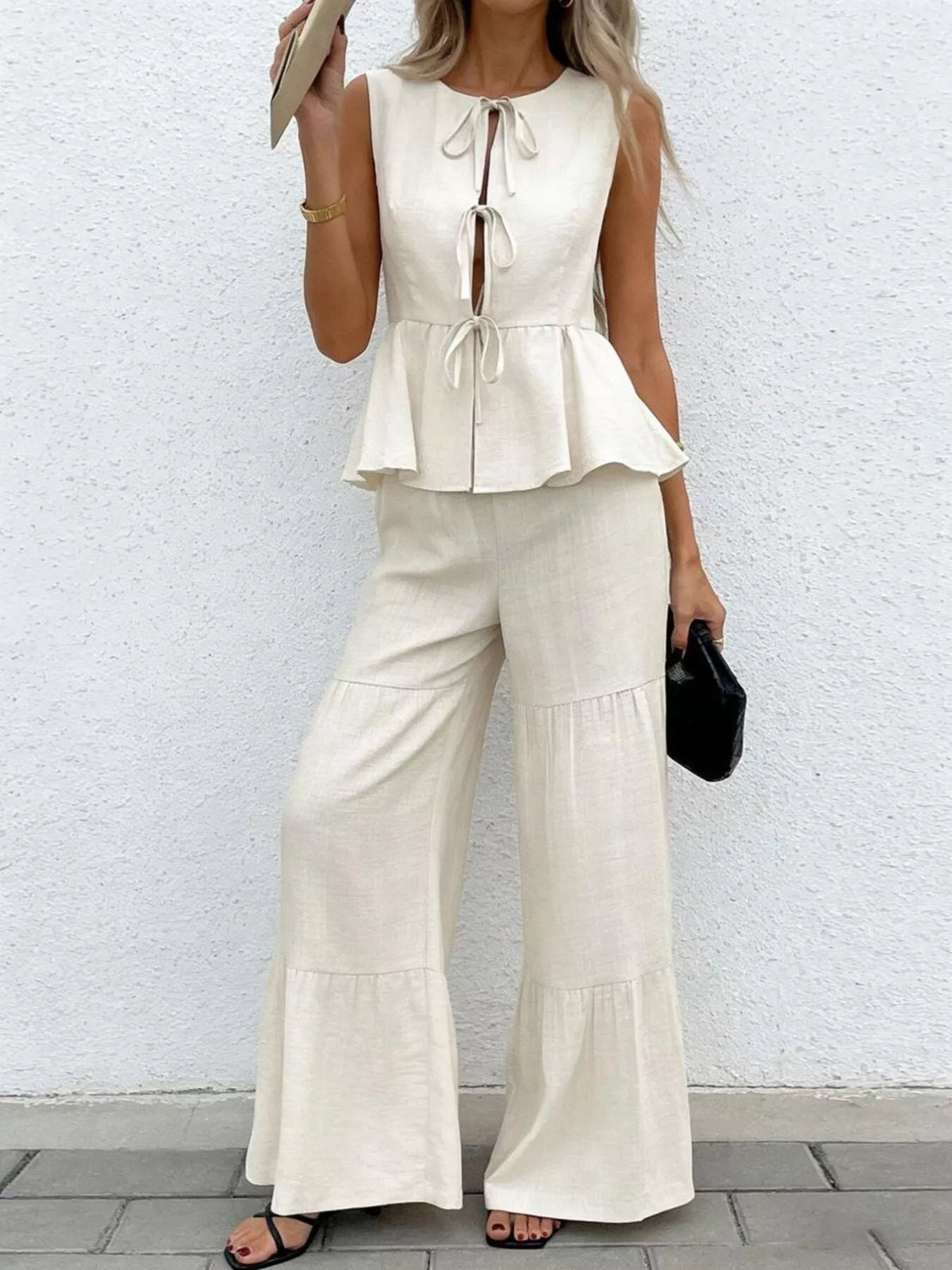 Matching tie front top and pants set side view