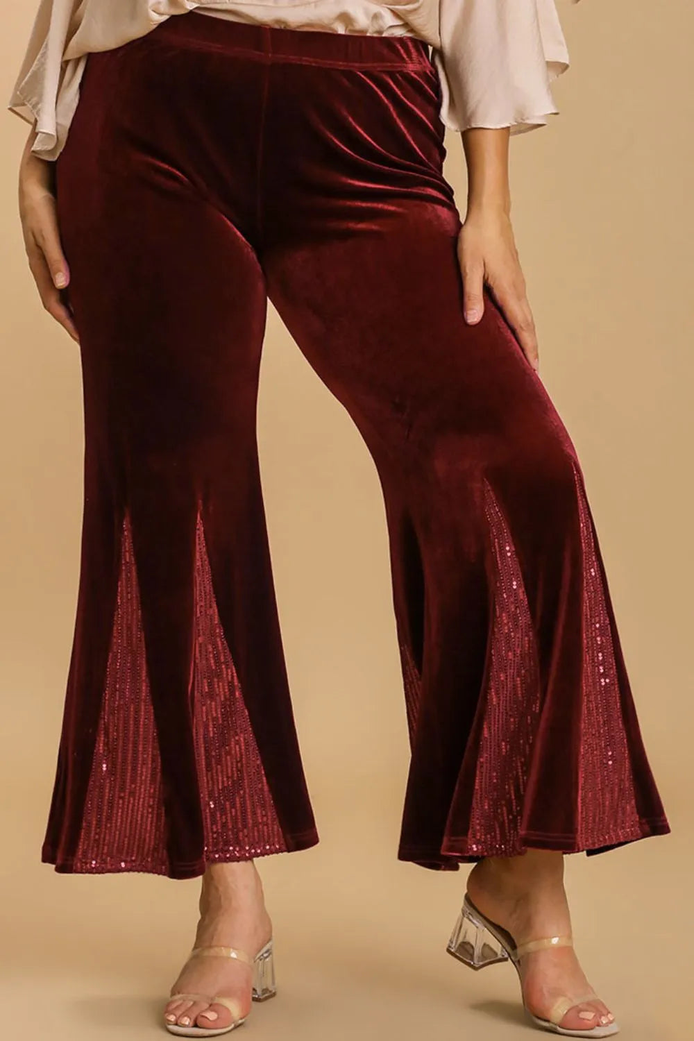Umgee Full Size Sequin Elastic Waist Velvet Stretch Flare Leg Pants Plus Size - Fashorio