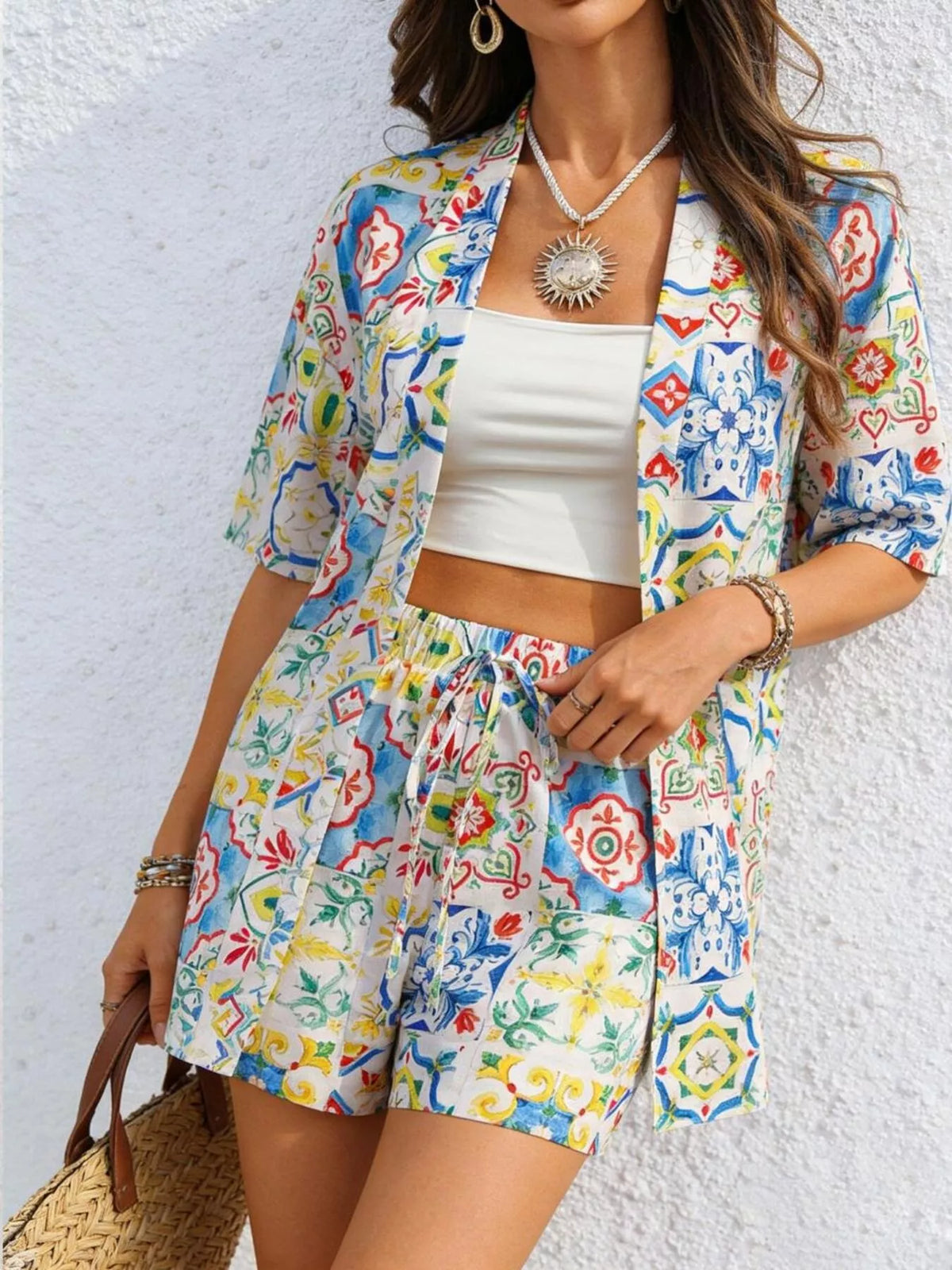 Coordinated printed shirt and shorts set side view