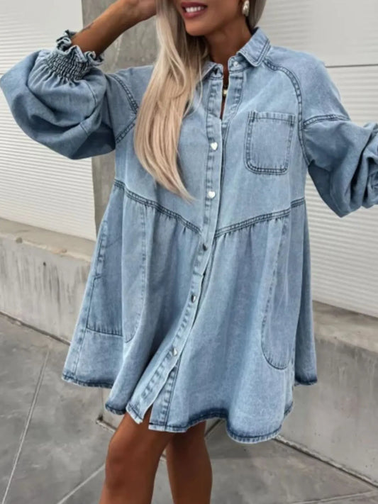 Oversized Long Sleeve Button-Up Denim Dress Light Blue One Size - Fashorio