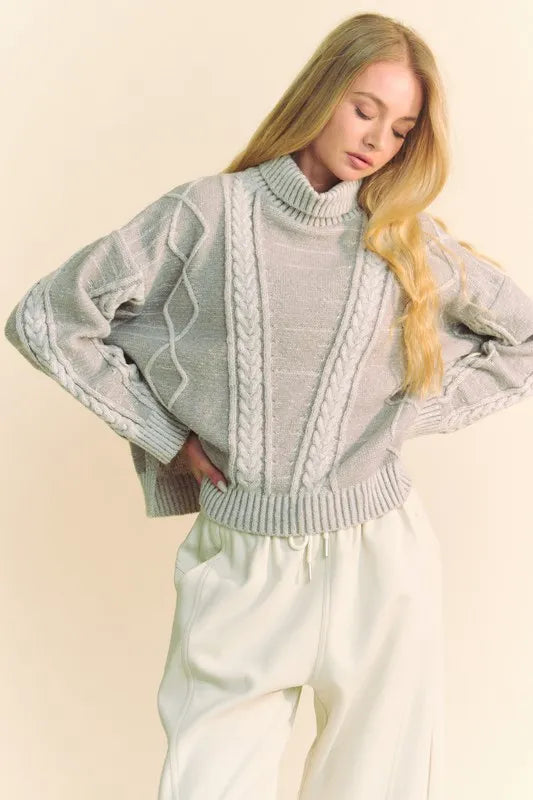 Cable Knit Turtleneck Drop Shoulder Sweater in Gray detail