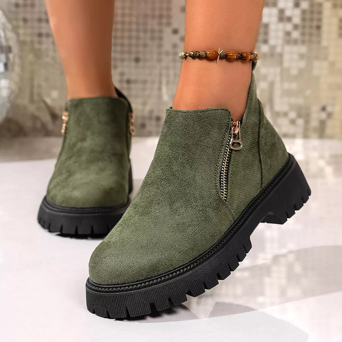 Round toe side zip ankle boots full length shot