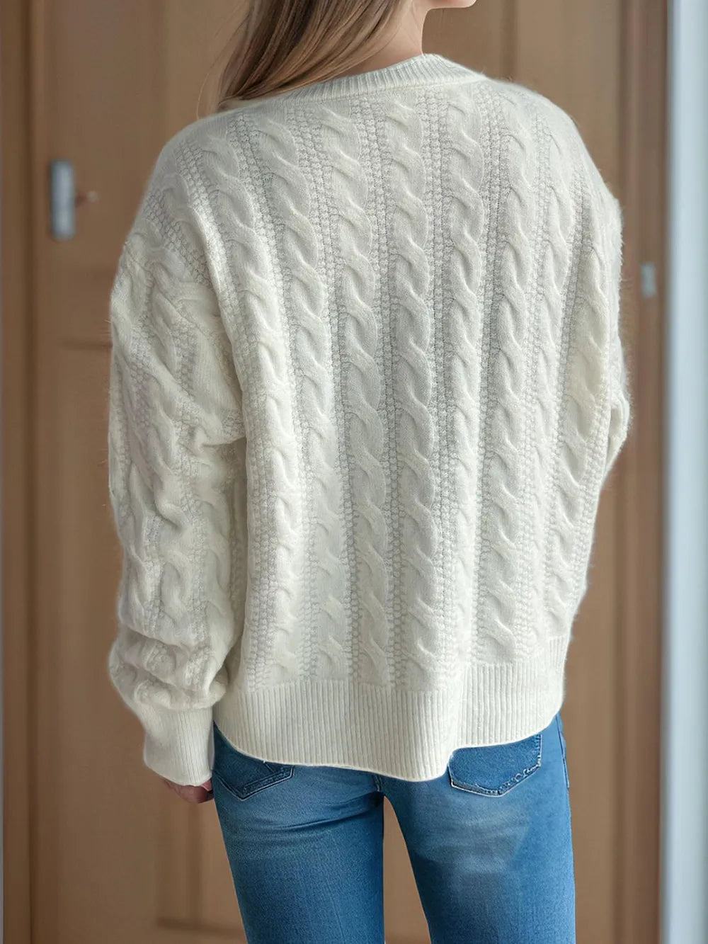 Cable-Knit Round Neck Long Sleeve Cardigan - Fashorio